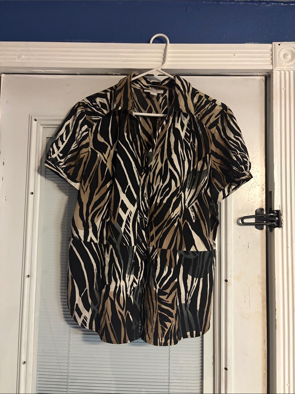 Dress Barn Short-Sleeve Zebra Print Button-Down Blouse - Black, Tan, White